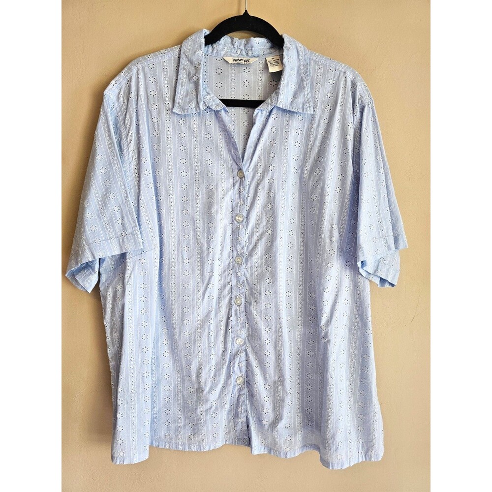 Krazy Kat Shirt Blouse 3X Womans Plus Blue sheer eyelet short sleeve vintage